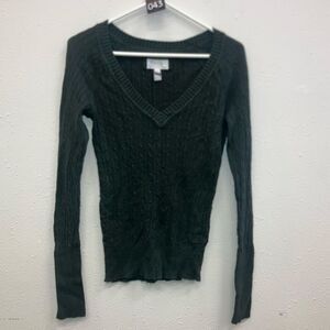 American eagle green v-neck cable knit Y2K long sleeve sweater rabbit hair M 724